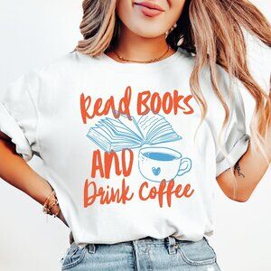 NEW Read Books and Drink Coffee Crewneck Graphic Tee Shirt, Book Lover Gift